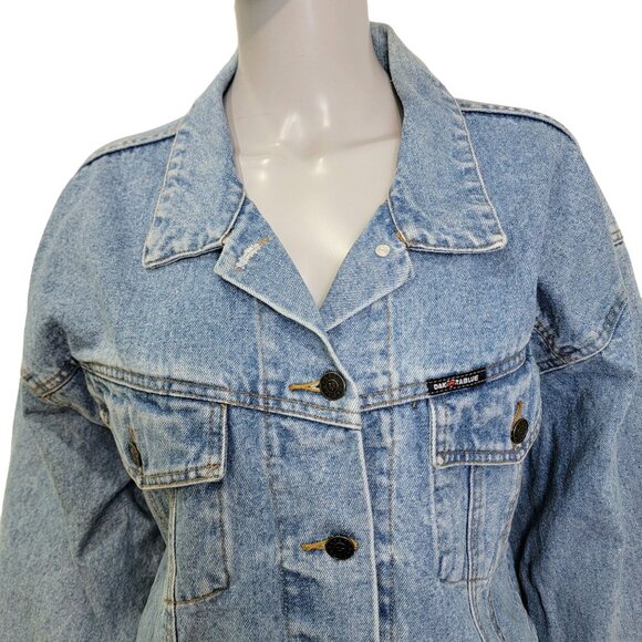 Vintage 90s Denim Jacket Women Medium Wash Dakota Blue Jean Black Coat 10 8 Fall - Picture 9 of 16